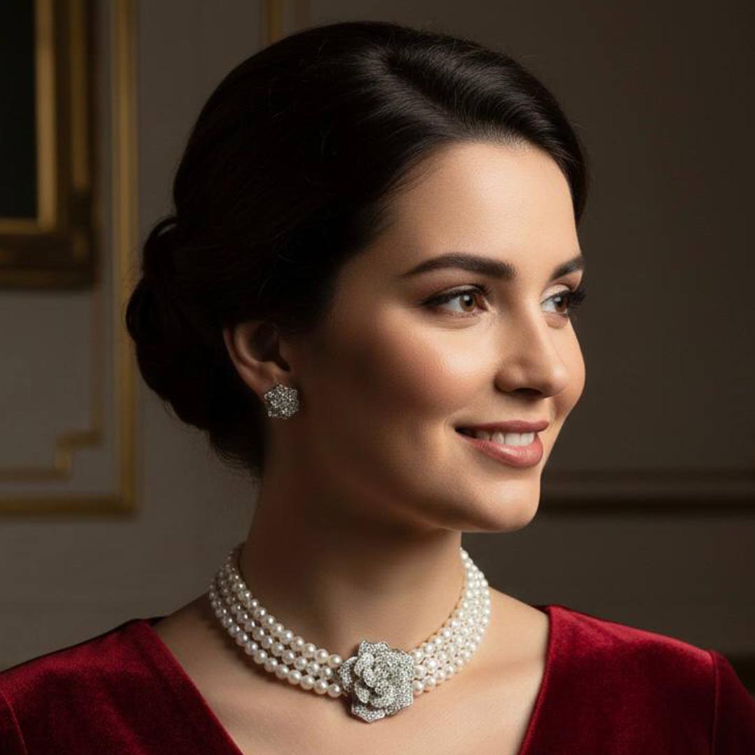 Omnia Nazira Silver Pearl Necklace and Flower Earrings in 925 Silver Accessories High Quality Simulated Diamonds - OMNIASTORES UAE