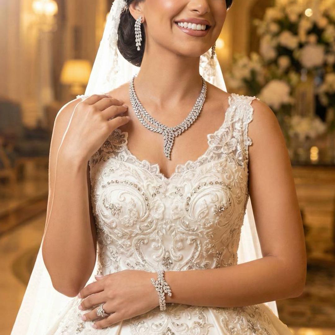 Omnia Yasira Leaf-Design White Luxury Bridal Full Set in High Quality Zircon Stone Rhodium Plated - OMNIASTORES UAE