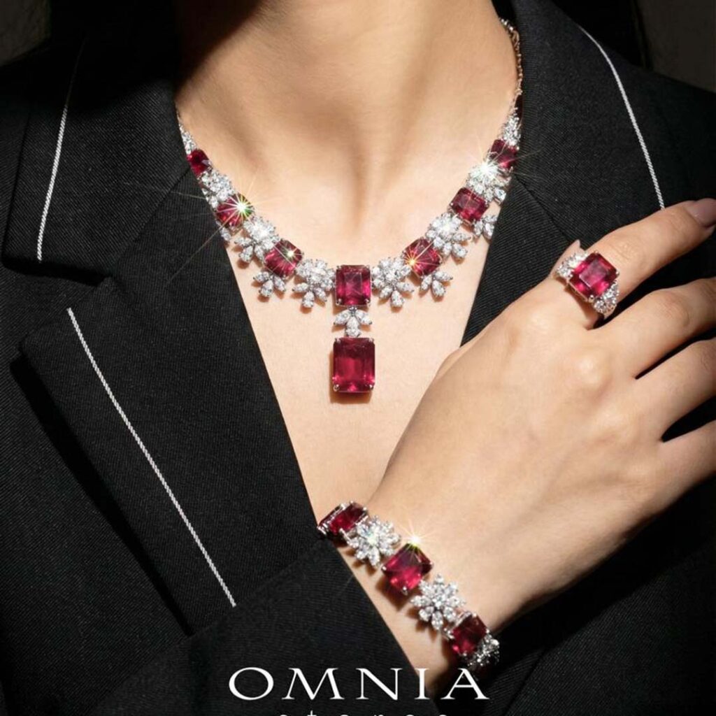 Omnia Charlene Red Bridal Full Set with Radiant and Pear-Cut High-Quality Simulated Diamonds Rhodium Plated