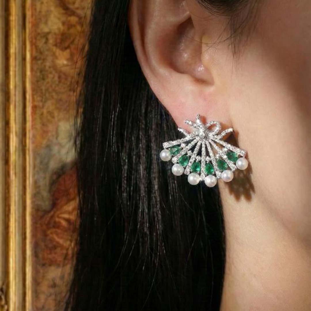 Omnia Azra Pearl White and Green Earrings With High Quality Certified Lab Crafted Stones In 925 Silver