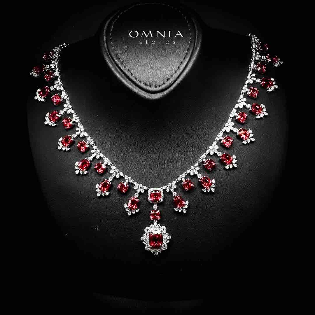 Omnia Alyah White and Red Necklace With High Quality GRC Certified Ruby Lab Grown Stones in 925 Silver