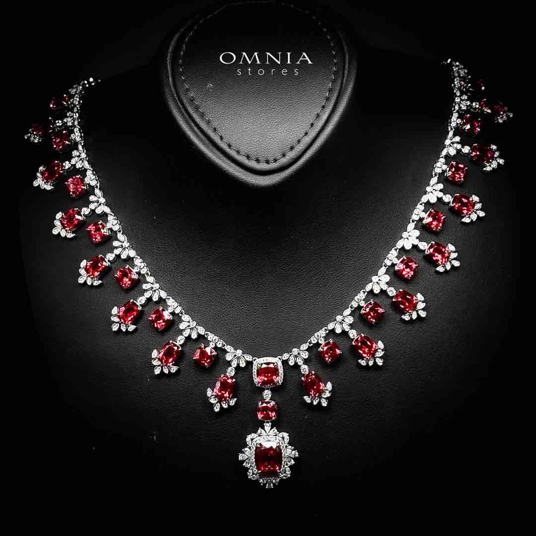 Omnia Alyah White and Red Necklace With High Quality GRC Certified Ruby Lab Grown Stones in 925 Silver