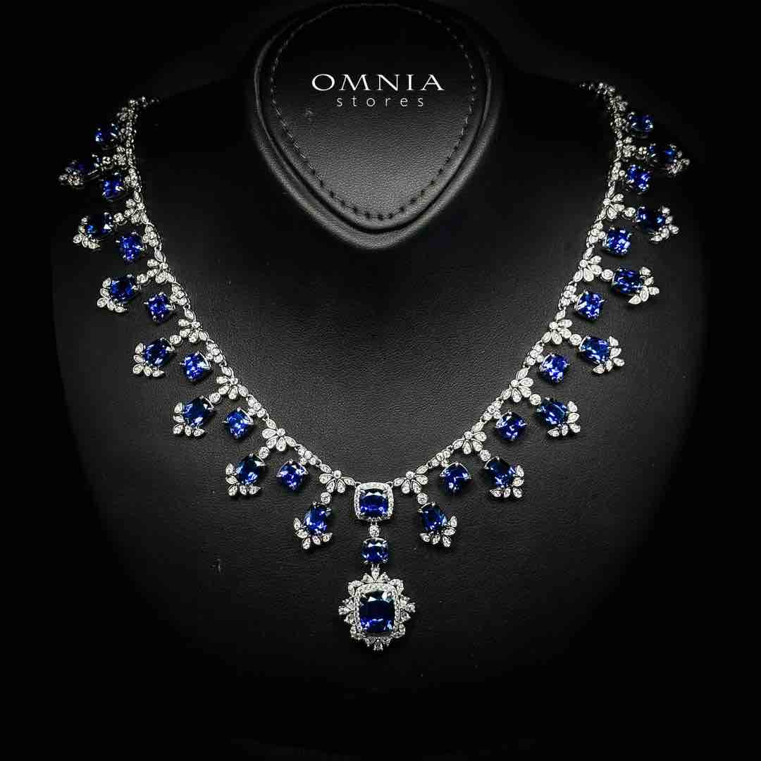 Omnia Alyah White and Blue Necklace With High Quality GRC Certified Sapphire Lab Grown Stones in 925 Silver