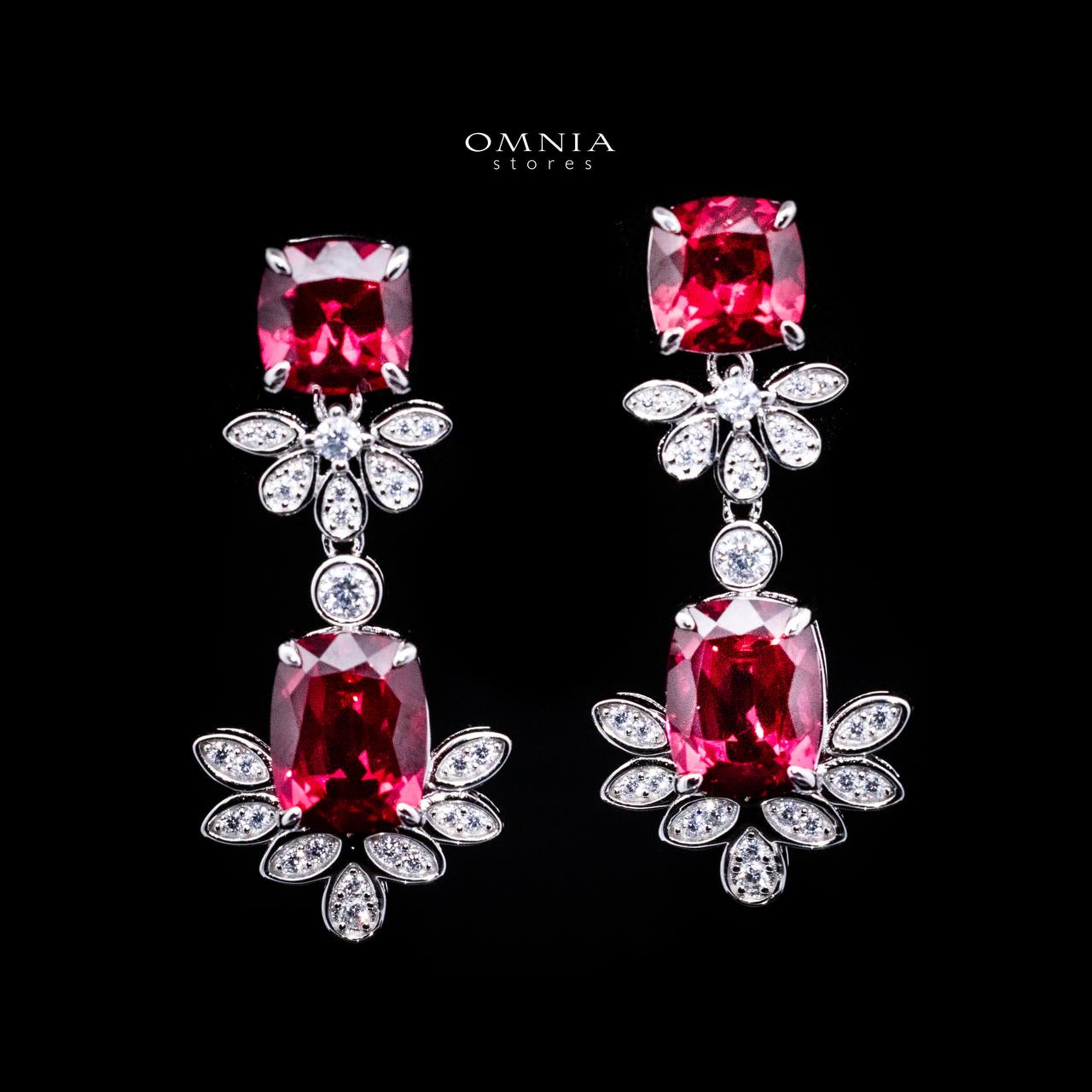 Omnia Miray White and Red Floral Earrings With High Quality Ruby Lab Grown Stones in 925 Silver