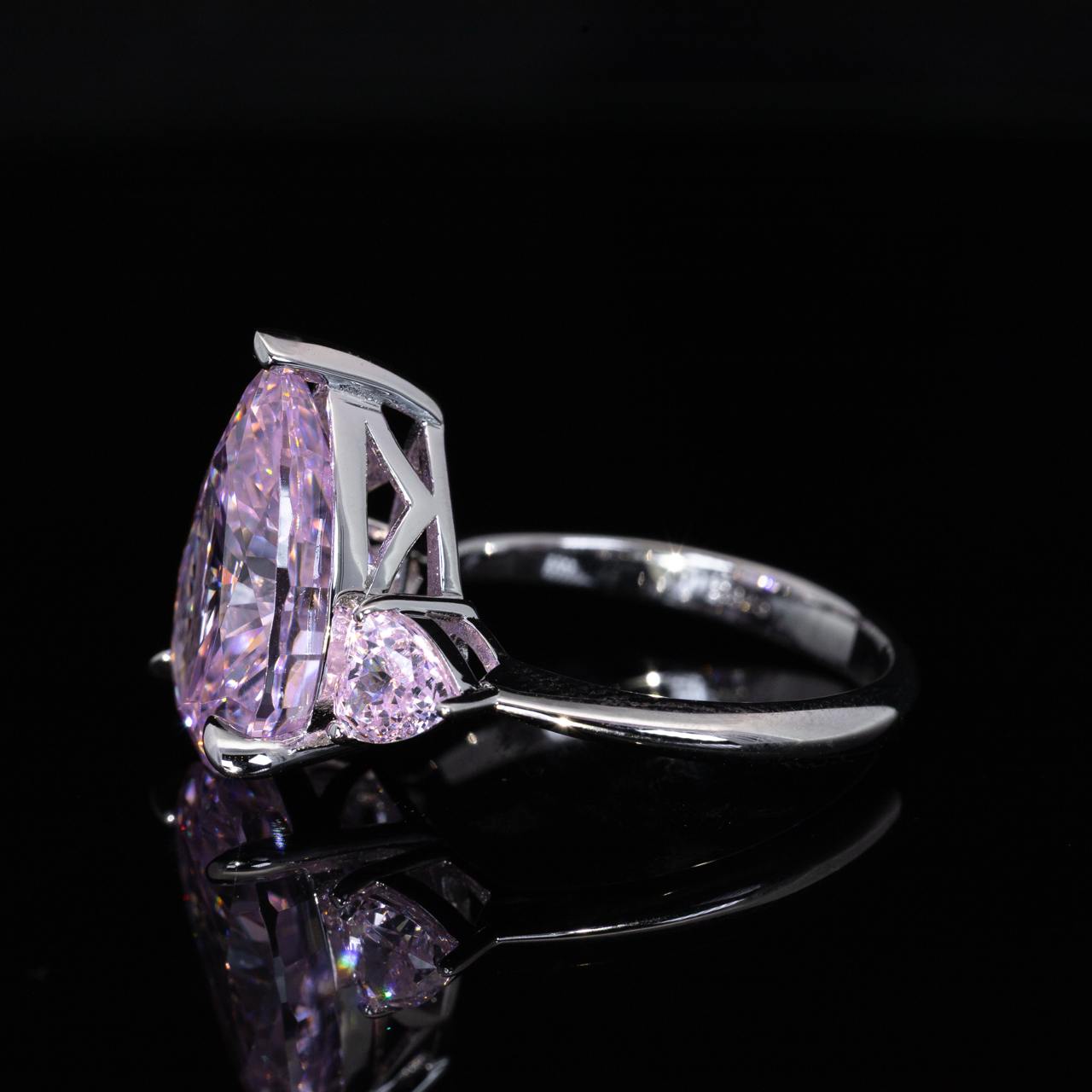 Omnia Sareena Pink Pear Cut Ring With High Quality Certified Lab Crafted Stones In 925 Silver