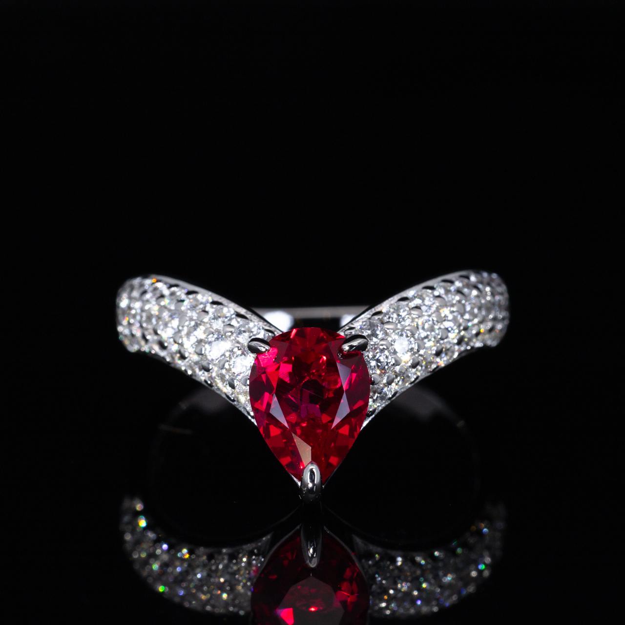Omnia Aila Red Pear Cut Ring With High Quality Certified Lab Crafted Stones In 925 Silver