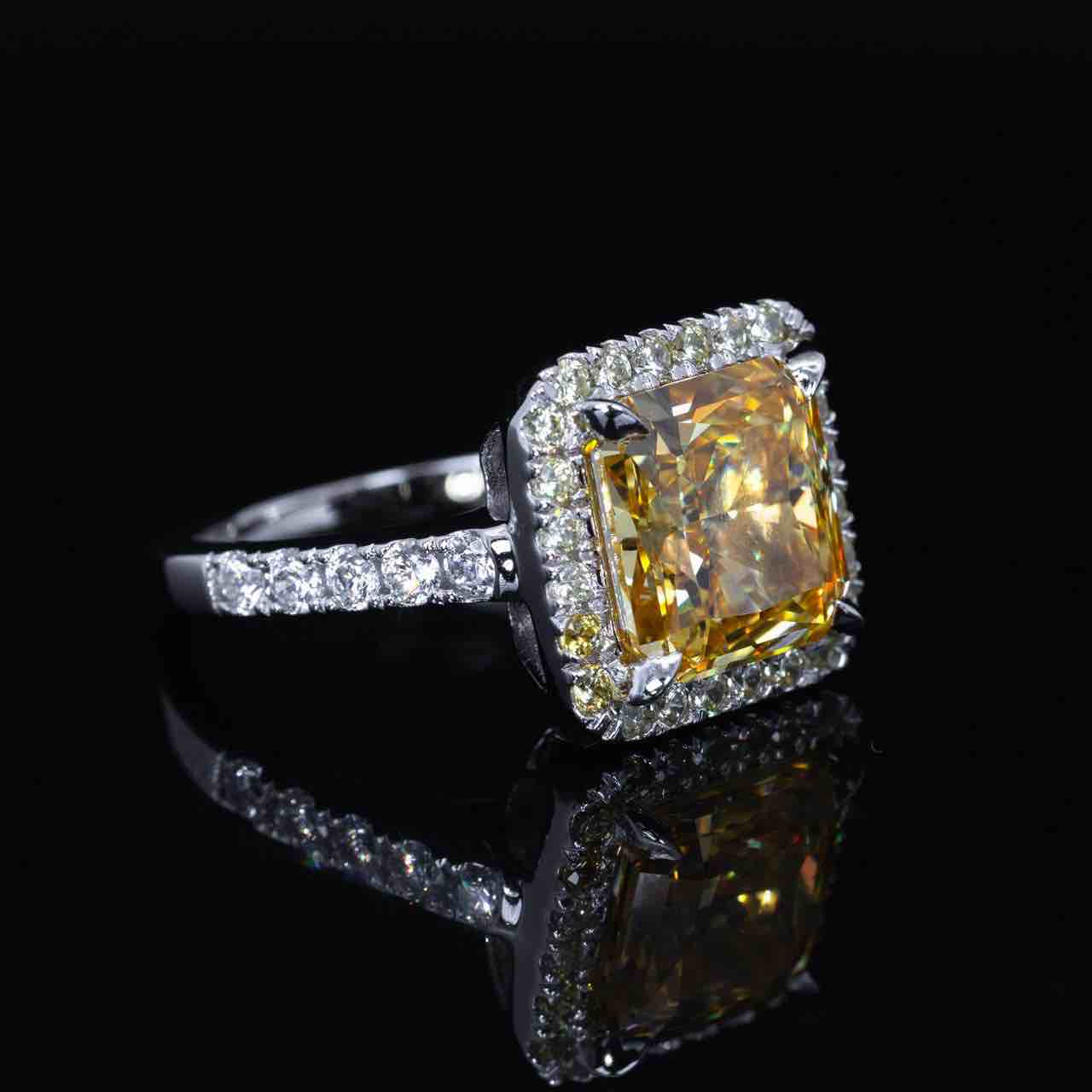Omnia Azira Yellow Cushion Cut Ring With High Quality Certified Lab Crafted Stones In 925 Silver