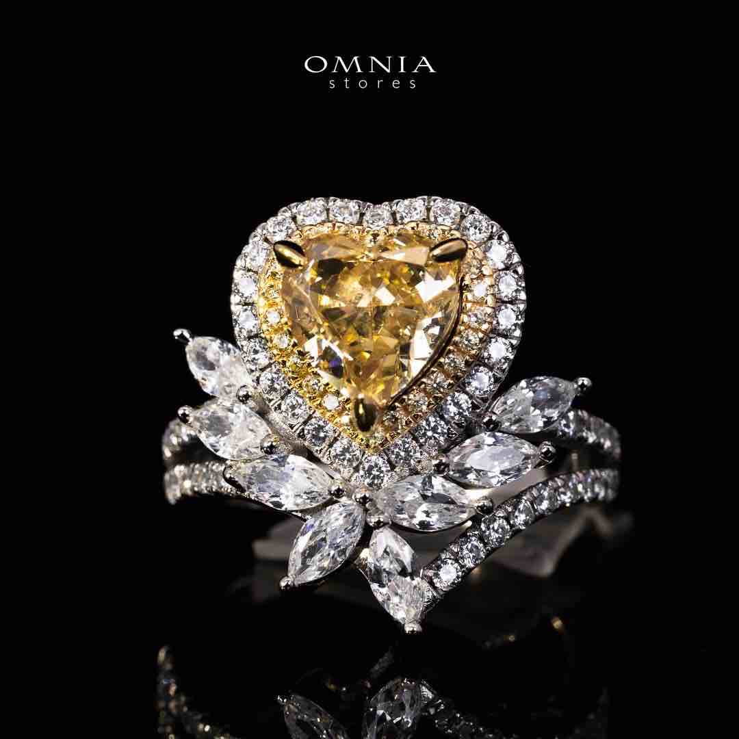 Omnia Sanaf Heart White and Yellow Ring With High Quality Certified Lab Crafted Stones In 925 Silver