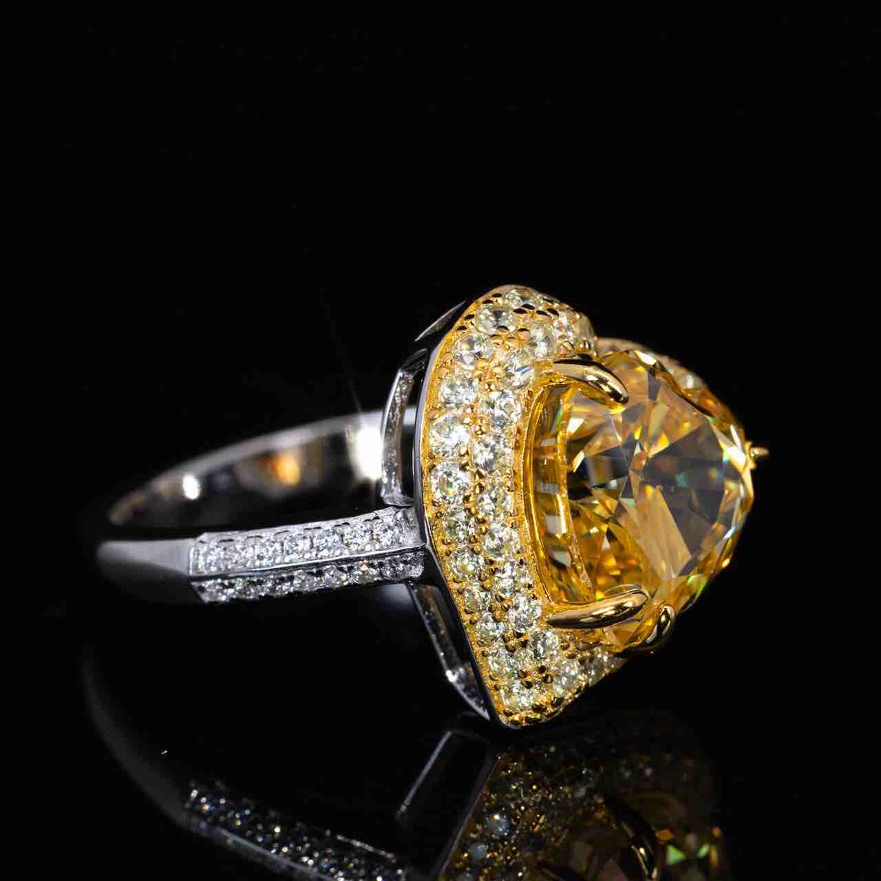 Omnia Ziyah Yellow Heart Ring With High Quality Simulated Diamonds In 925 Silver