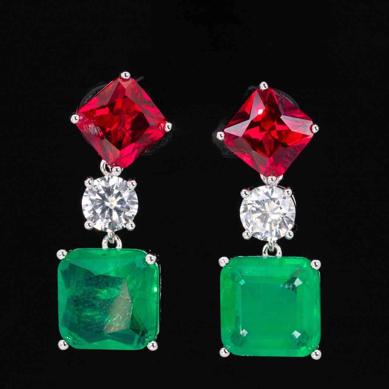 Omnia Salwa Red and Green Drop Earrings With High Quality Simulated Diamonds In 925 Silver