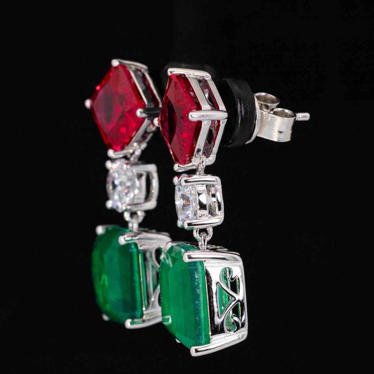 Omnia Salwa Red and Green Drop Earrings With High Quality Simulated Diamonds In 925 Silver