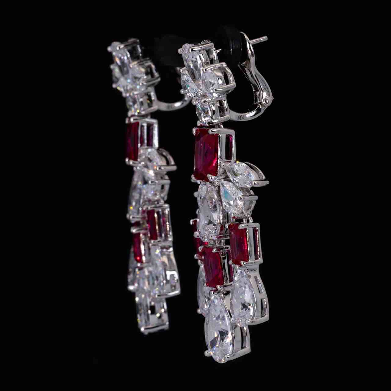 Omnia Ranim White and Red Floral Drop Earrings With High Quality Simulated Diamonds In 925 Silver