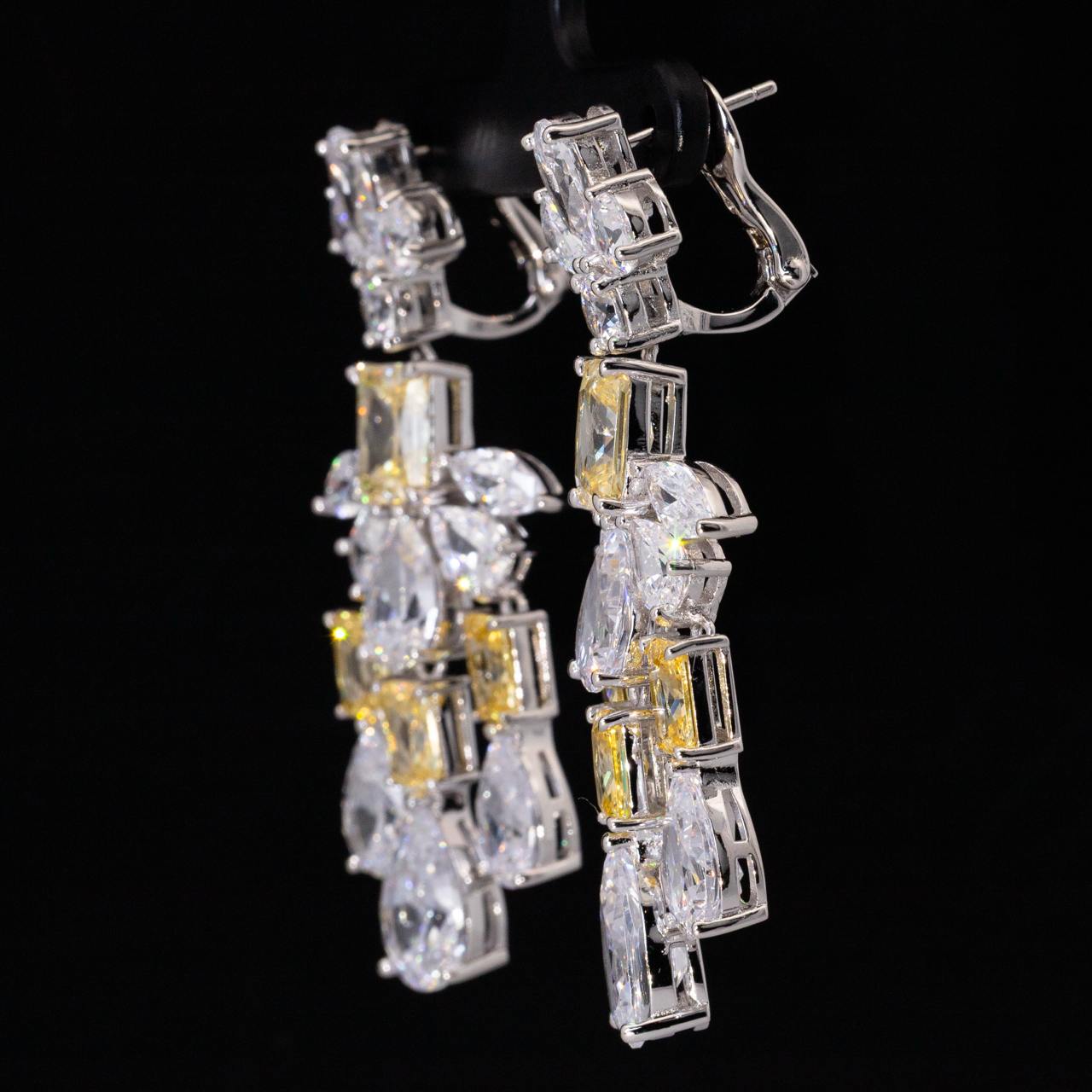 Omnia Ranim White and Yellow Floral Drop Earrings With High Quality Simulated Diamonds In 925 Silver