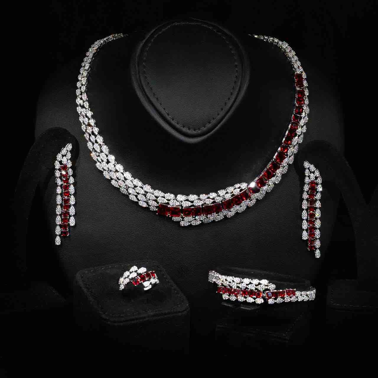 Omnia Trinity Red Luxury Bridal Full Set in High Quality Zircon Stone in Rhodium Plated