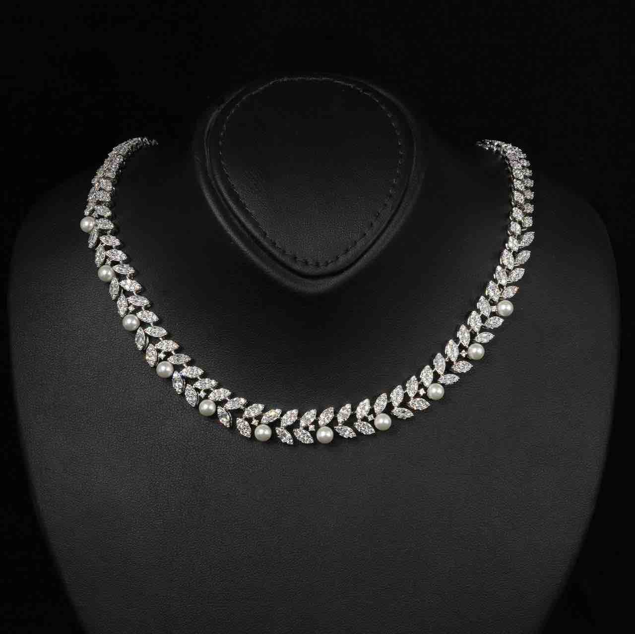 Omnia Emmy White Pearl Luxury Bridal Full Set in High Quality Rhodium Plated Zircon Stones