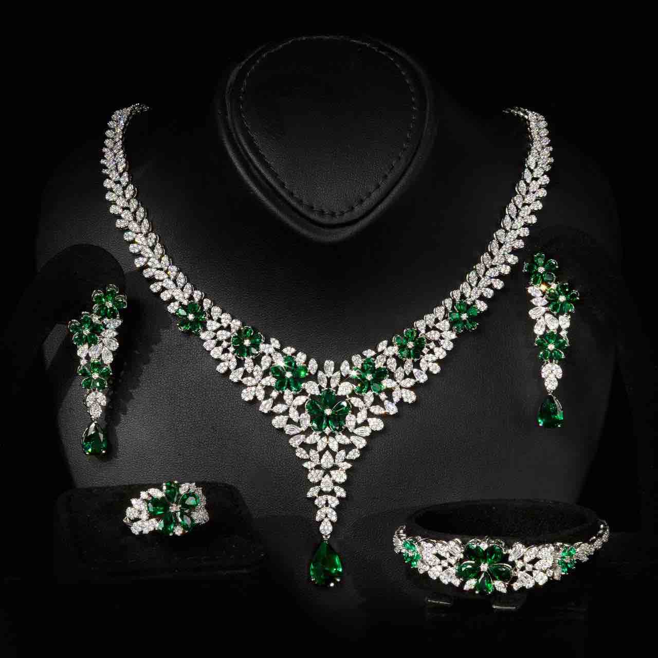 Omnia Karla Green Luxury Bridal Full Set in High Quality Rhodium Plated Zircon Stones