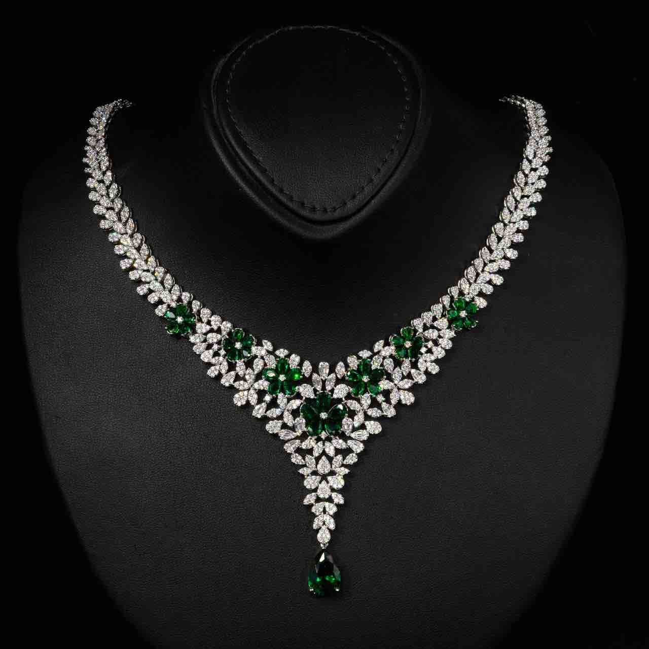 Omnia Karla Green Luxury Bridal Full Set in High Quality Rhodium Plated Zircon Stones