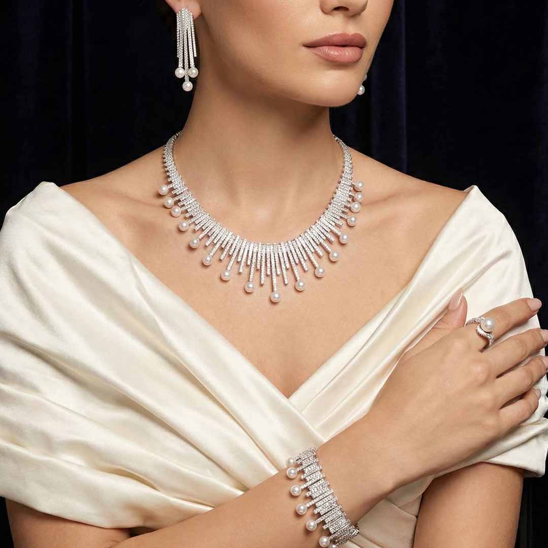 Omnia Ashley Pearl White Bridal Full Set in 925 Silver with High Quality Simulated Diamonds - OMNIASTORES UAE