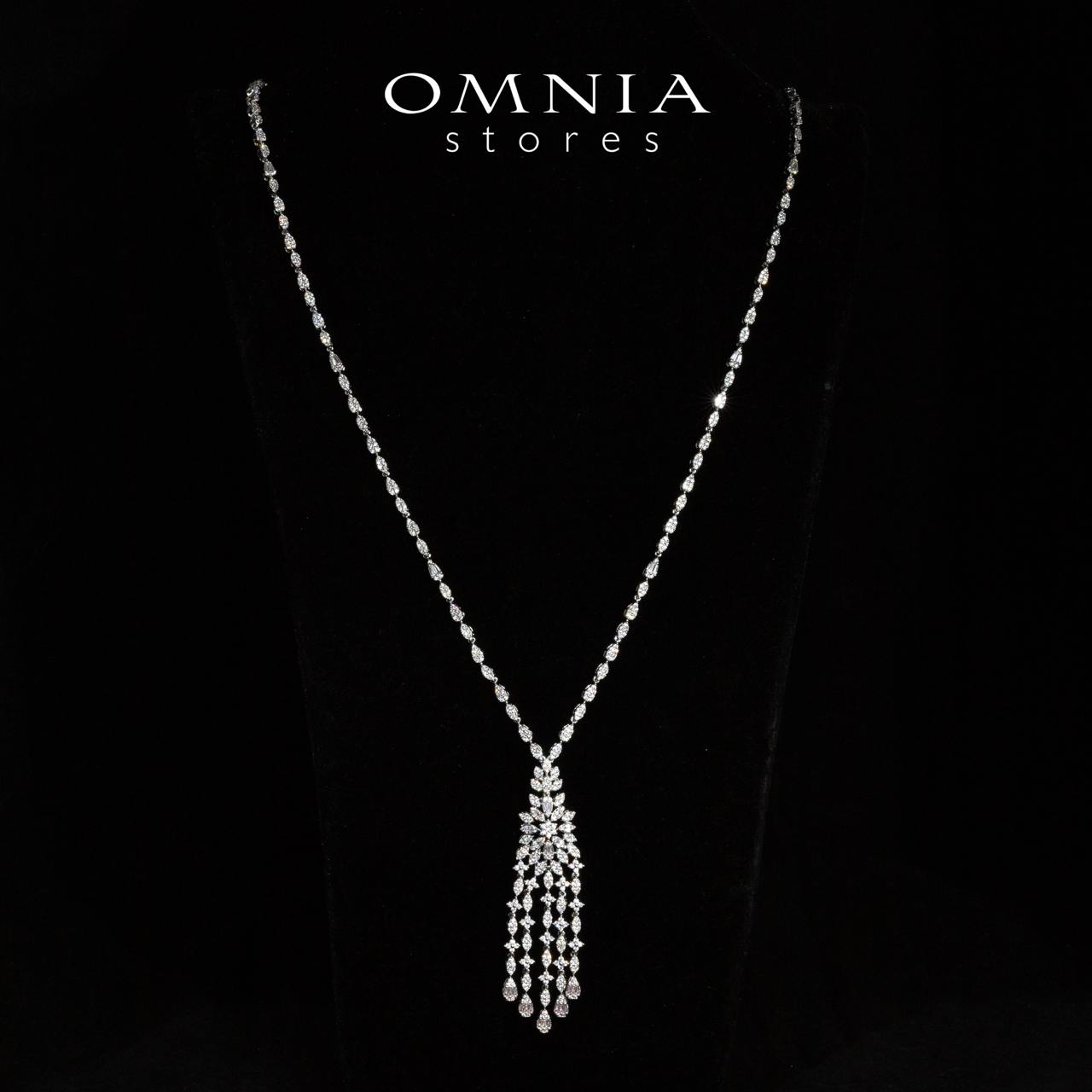 Omnia Nyra Luxury White Bridal Long Chain Necklace & Earrings Set in High Quality Zircon Stone Rhodium Plated