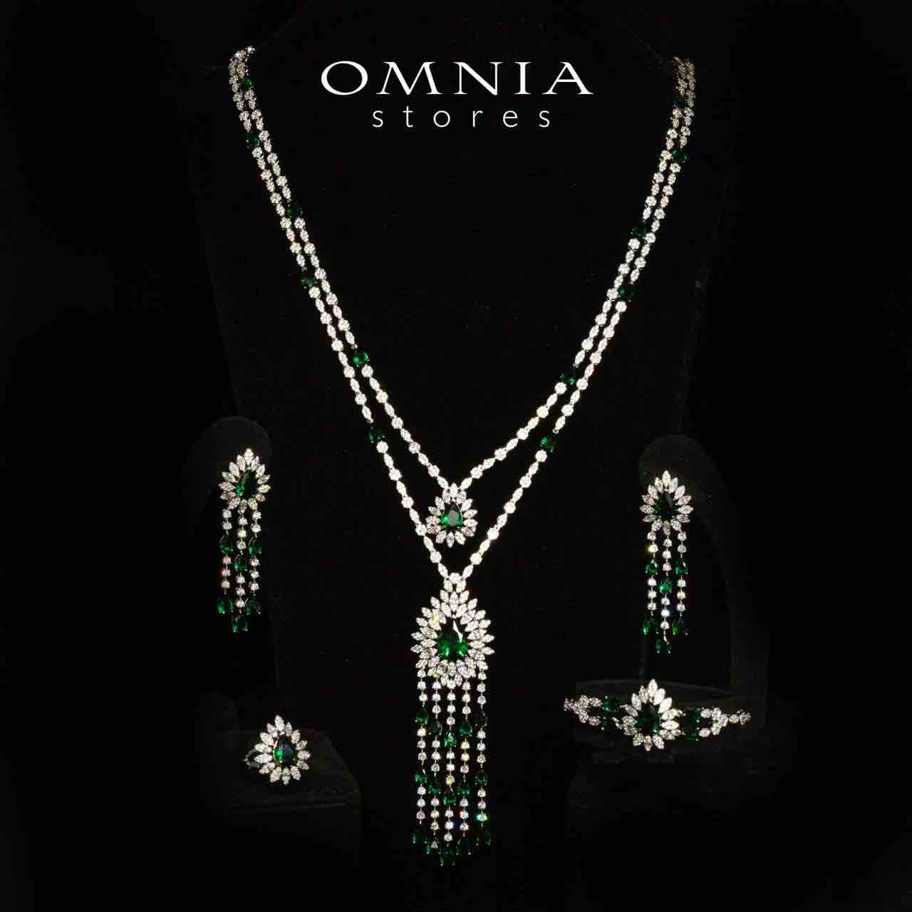 Omnia Alena Luxury Green Bridal Long Chain Full Set in High Quality Zircon Stone Rhodium Plated