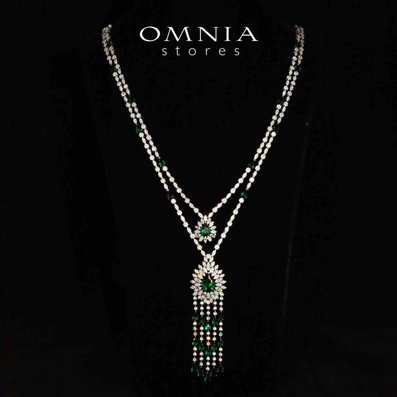 Omnia Alena Luxury Green Bridal Long Chain Full Set in High Quality Zircon Stone Rhodium Plated - OMNIASTORES UAE