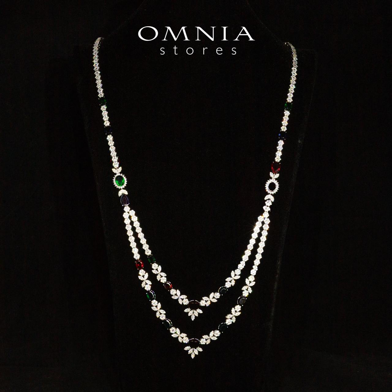 Omnia Jade Red, Green and Blue Bridal Long Chain Set Accessories in High Quality Zircon Stone Rhodium Plated