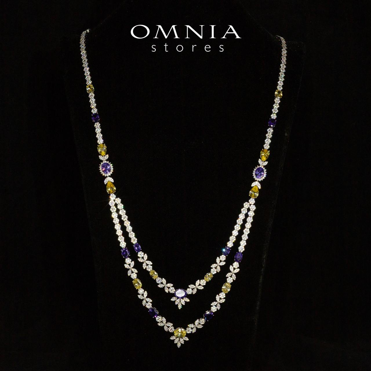 Omnia Jade Yellow and Purple Bridal Long Chain Set Accessories in High Quality Zircon Stone Rhodium Plated