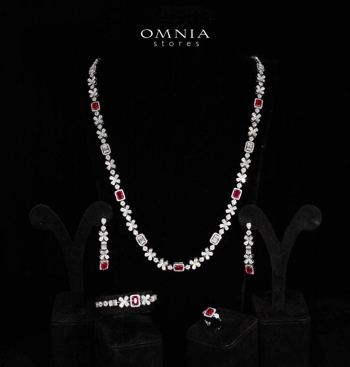 Omnia Reyna Red Luxury Bridal Long Chain Full Set in High Quality Zircon Stone Rhodium Plated