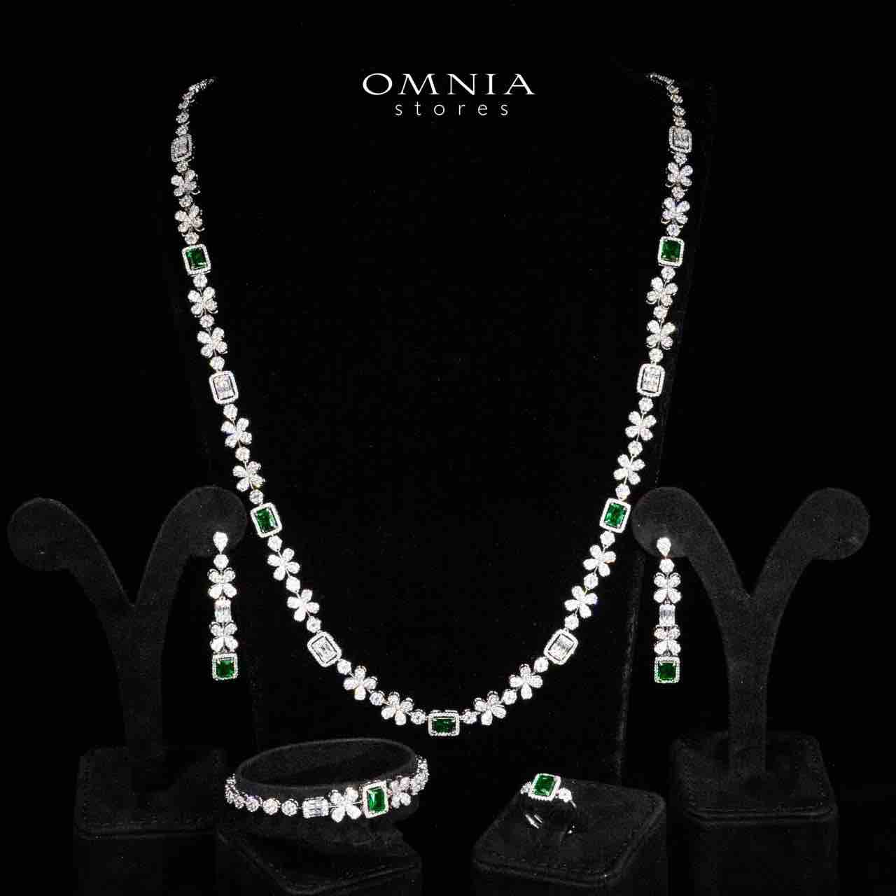 Omnia Reyna Green Luxury Bridal Long Chain Full Set in High Quality Zircon Stone Rhodium Plated