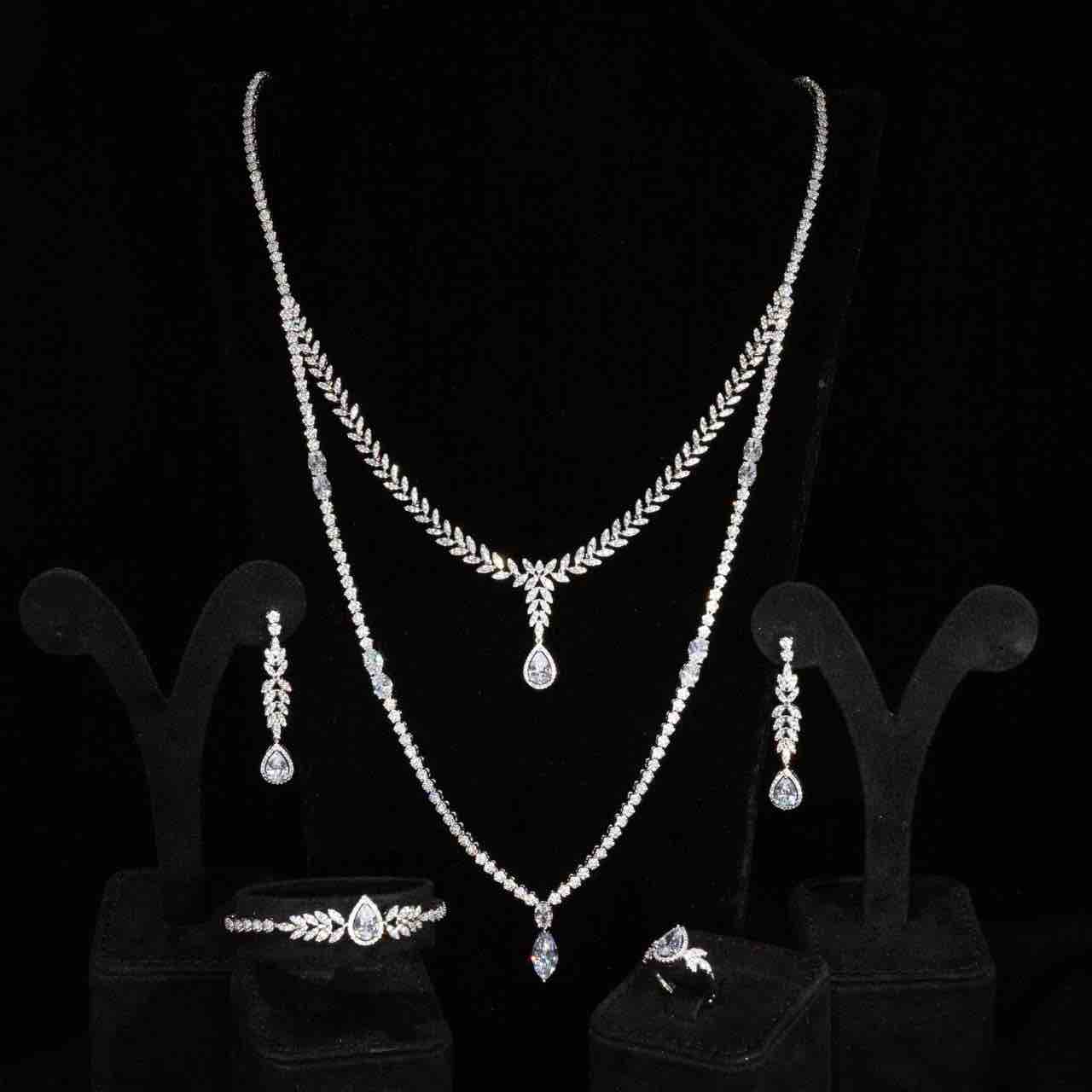 Omnia Miley White Luxury Bridal Long Chain Full Set in High Quality Zircon Stone Rhodium Plated