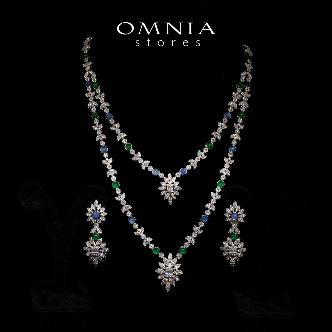 Omnia Keily Green and Blue Luxury Bridal Long Chain Full Set in High Quality Zircon Stone Rhodium Plated