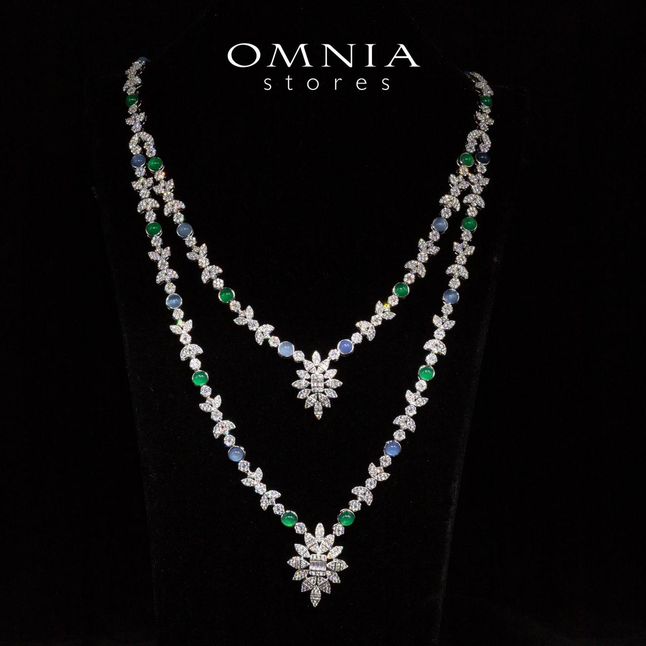 Omnia Keily Green and Blue Luxury Bridal Long Chain Full Set in High Quality Zircon Stone Rhodium Plated