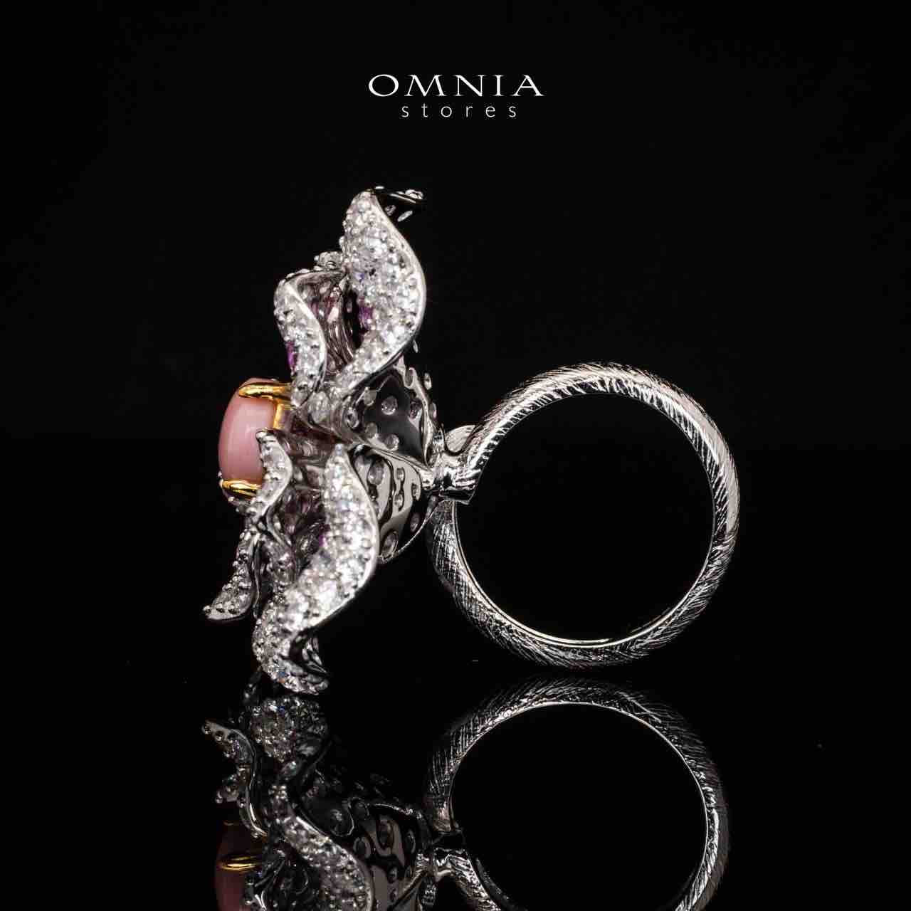 Omnia Anita Pink Coral Flower Ring in 925 Silver High Quality Purple and White Simulated Diamonds