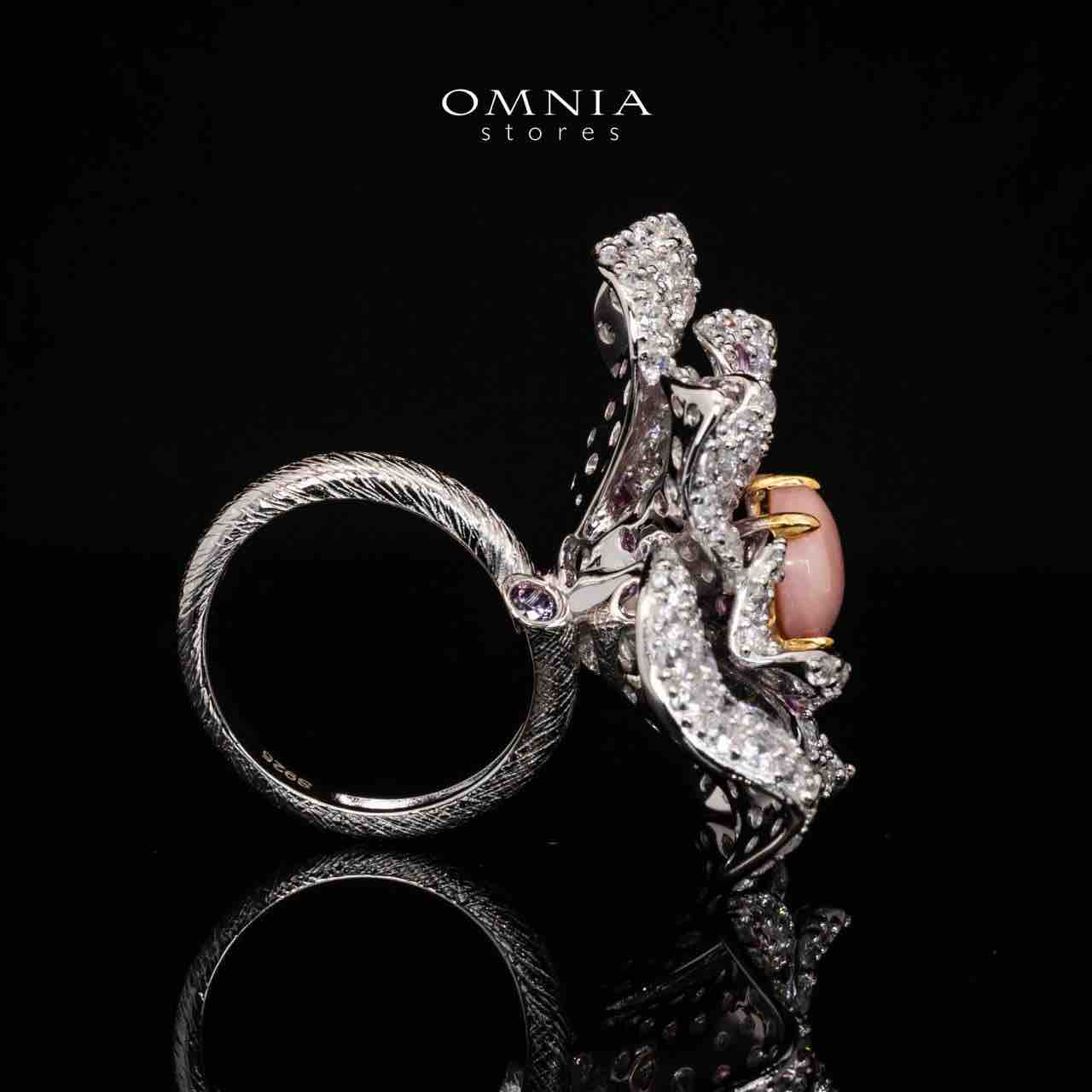 Omnia Anita Pink Coral Flower Ring in 925 Silver High Quality Purple and White Simulated Diamonds