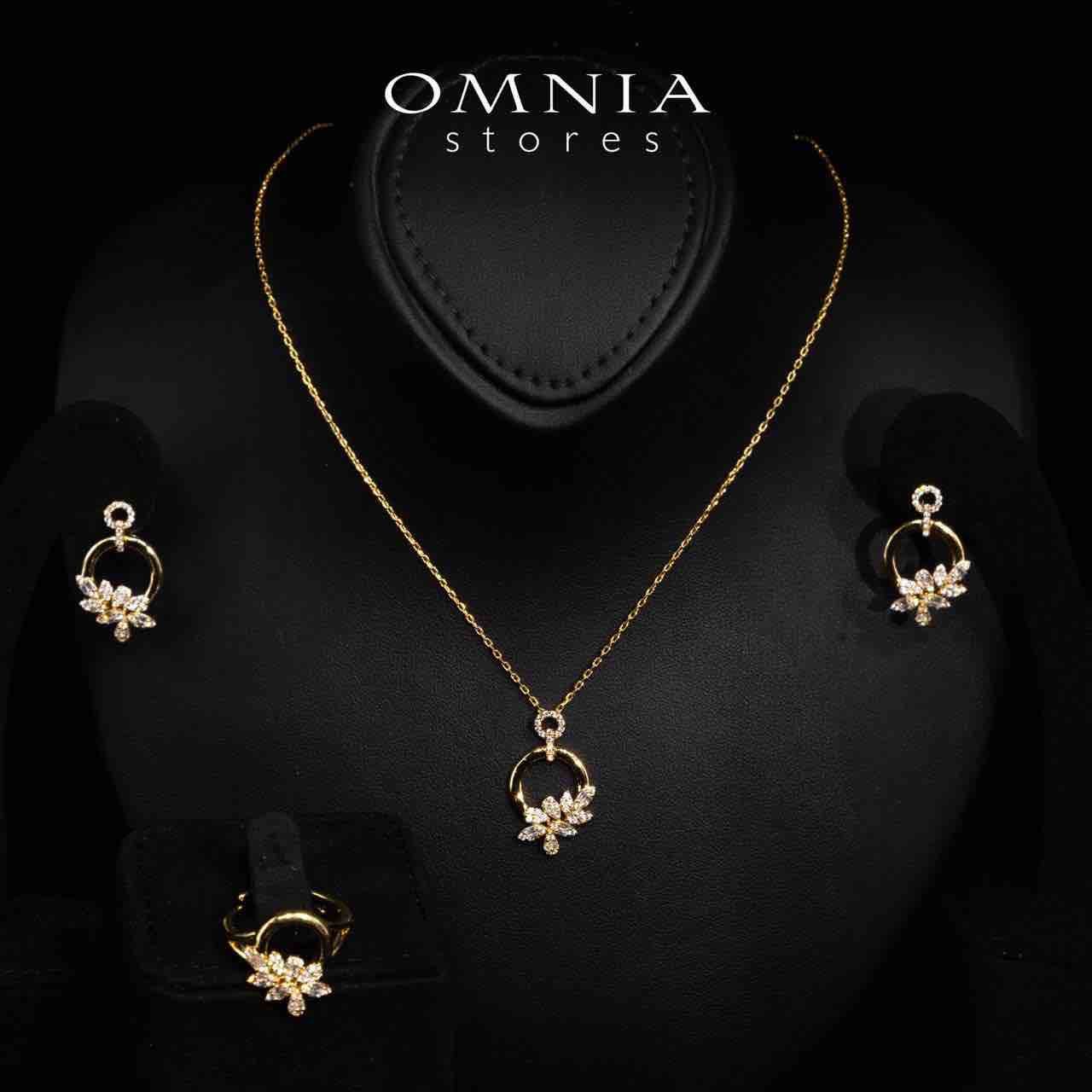 Omnia Ciara Gold Floral Necklace, Earrings and Ring Set in High Quality Rhodium Plated Zircon Stones - OMNIASTORES UAE