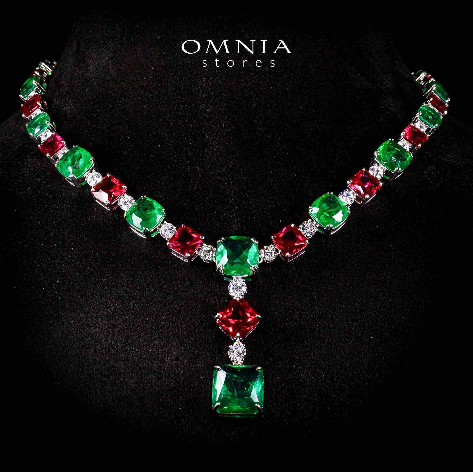 Omnia Salwa Red and Green Drop Earrings With High Quality Simulated Diamonds In 925 Silver - OMNIASTORES UAE