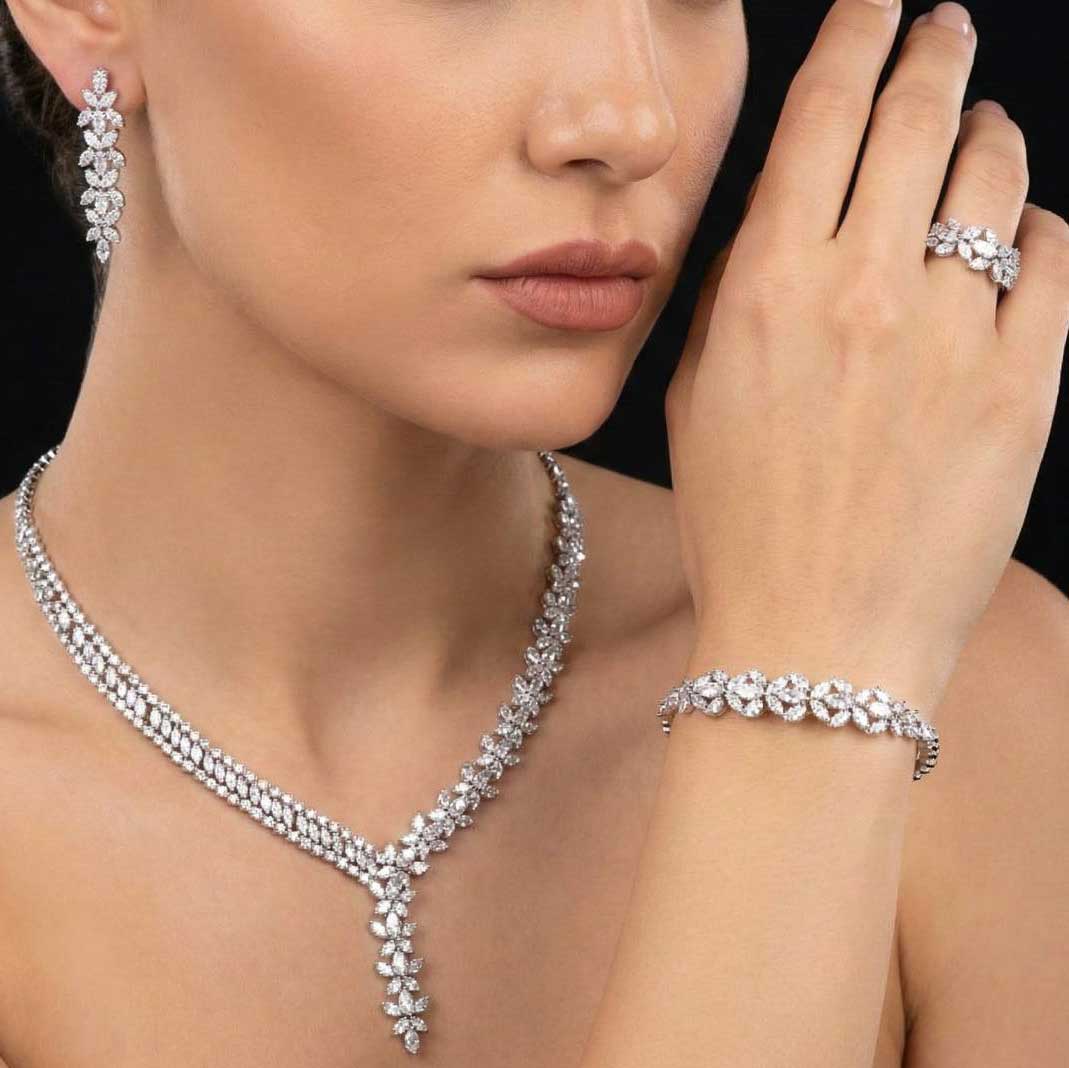 Omnia Zoie White Luxury Bridal Full Set in High Quality Rhodium Plated Zircon Stones