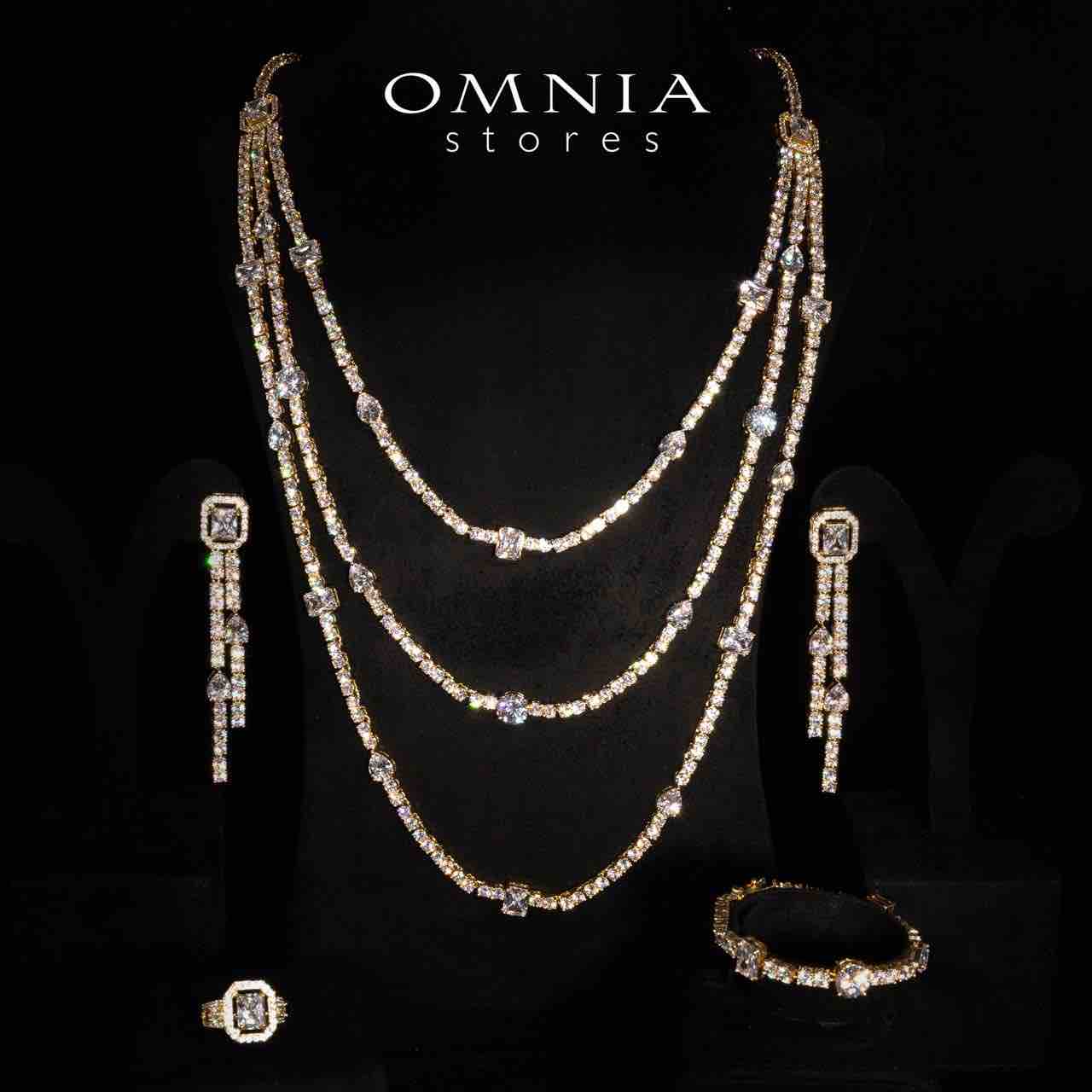 Omnia Layara Gold Long Chain Full Set with Triple-Layer Necklace in High-Quality Zircon Stone Rhodium Plated - OMNIASTORES UAE