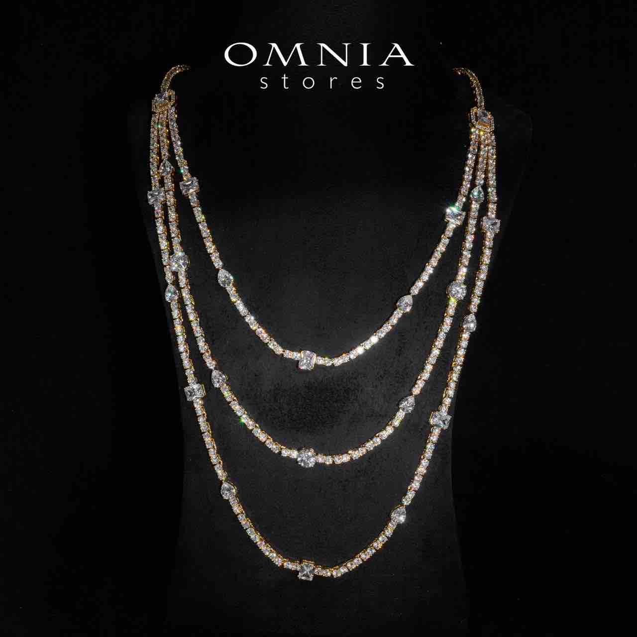 Omnia Layara Gold Long Chain Full Set with Triple-Layer Necklace in High-Quality Zircon Stone Rhodium Plated - OMNIASTORES UAE