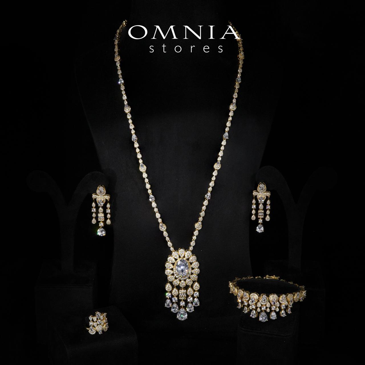 Aleya Golden Luxury Bridal Full Long chain Set in High Quality Simulated Diamonds Rhodium Plated - OMNIASTORES UAE