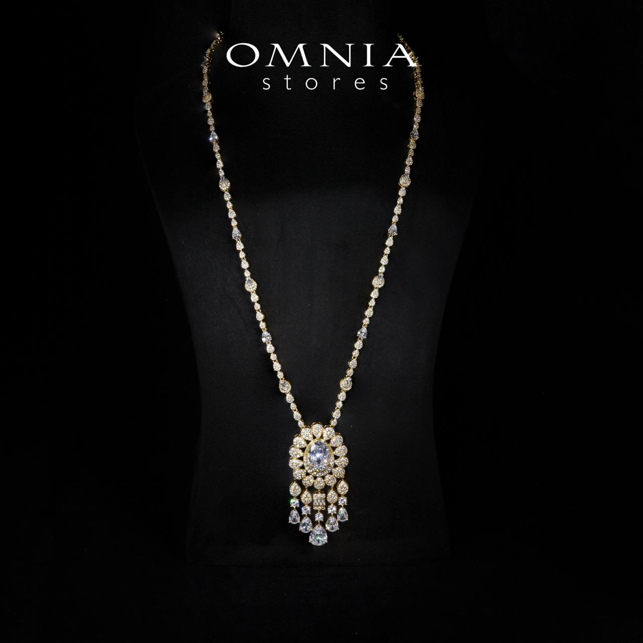 Aleya Golden Luxury Bridal Full Long chain Set in High Quality Simulated Diamonds Rhodium Plated - OMNIASTORES UAE
