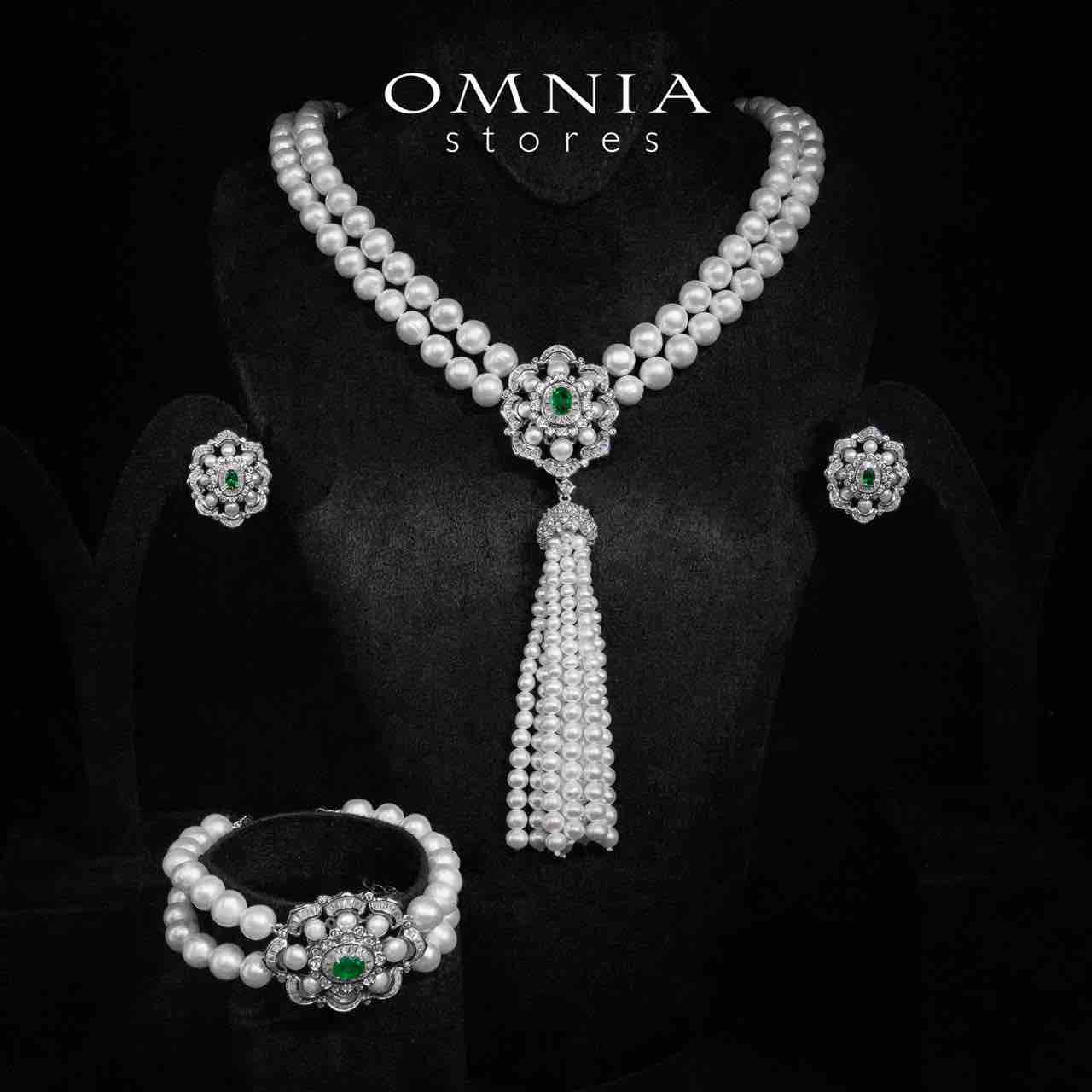 Sabine Green and White Pearl Long Chain, Bracelet and Earrings Set With High Quality Simulated Diamonds in 925 Silver - OMNIASTORES UAE
