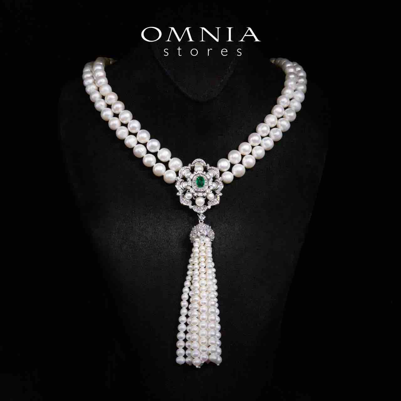 Sabine Green and White Pearl Long Chain, Bracelet and Earrings Set With High Quality Simulated Diamonds in 925 Silver - OMNIASTORES UAE