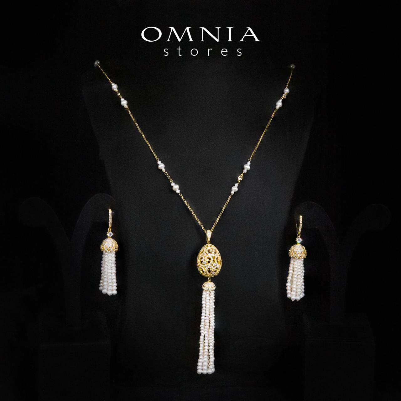Kathy White Fresh Real Pearl Golden Long Chain Necklace and Drop Earrings Set With High Quality Simulated Diamonds in 925 Silver - OMNIASTORES UAE