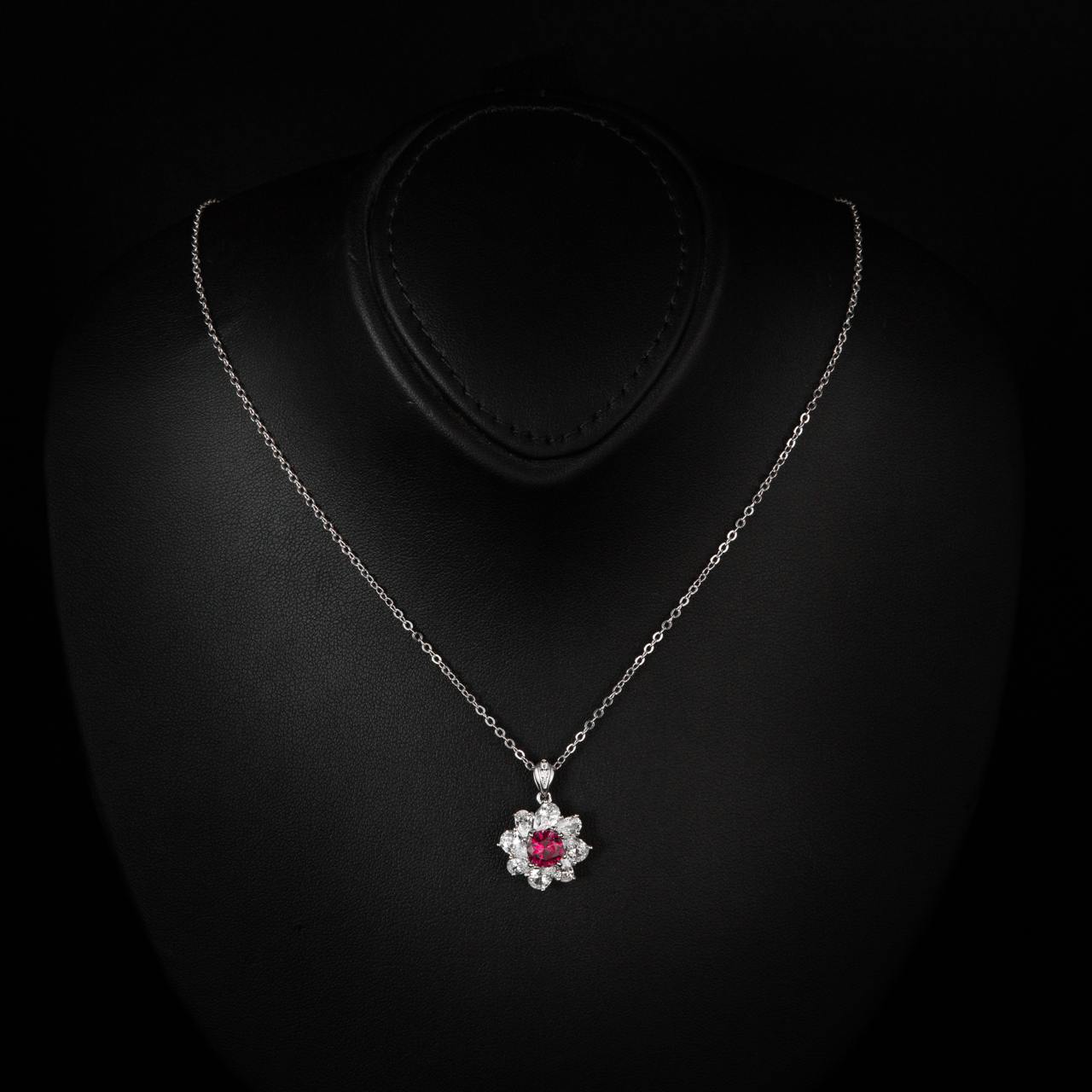 Gwen Floral Red and White Pendant Necklace With High Quality Simulated Diamonds in 925 Silver - OMNIASTORES UAE