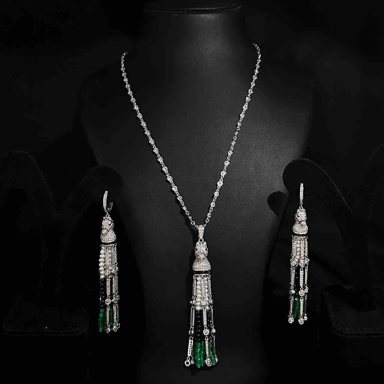 Omnia Vania Multi Color Horse Design Long Chain Necklace & Drop Earrings Set in 925 Silver With High Quality Simulated Diamonds