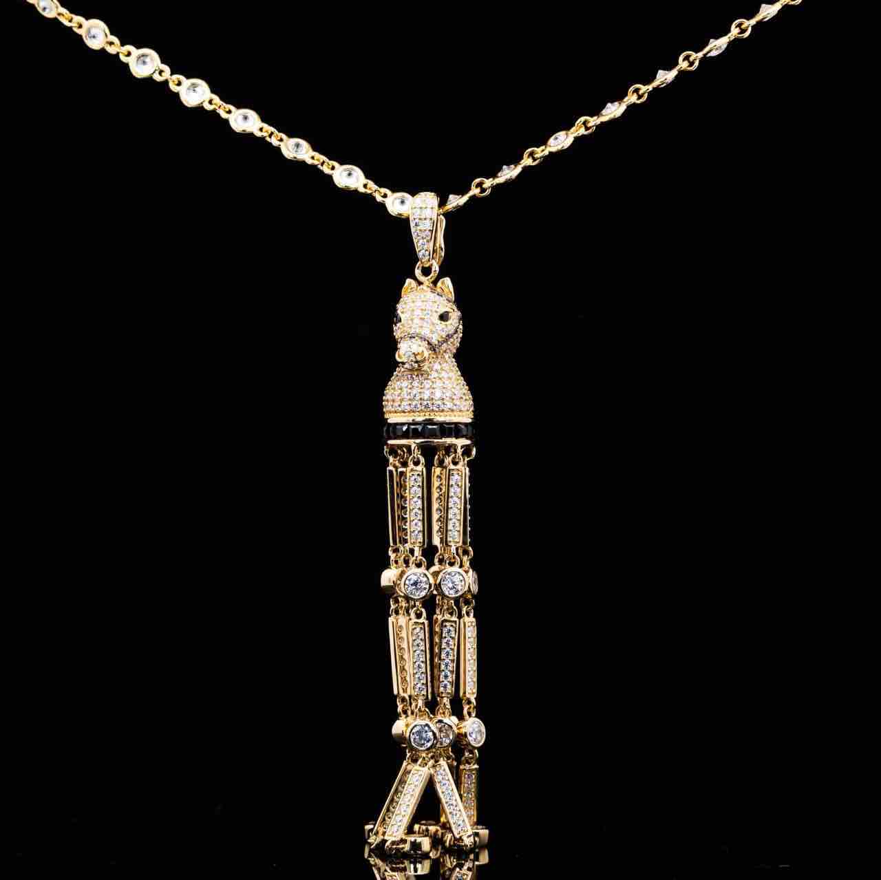 Omnia Vania Golden Horse Design Long Chain Necklace & Drop Earrings Set in 925 Silver With High Quality Simulated Diamonds