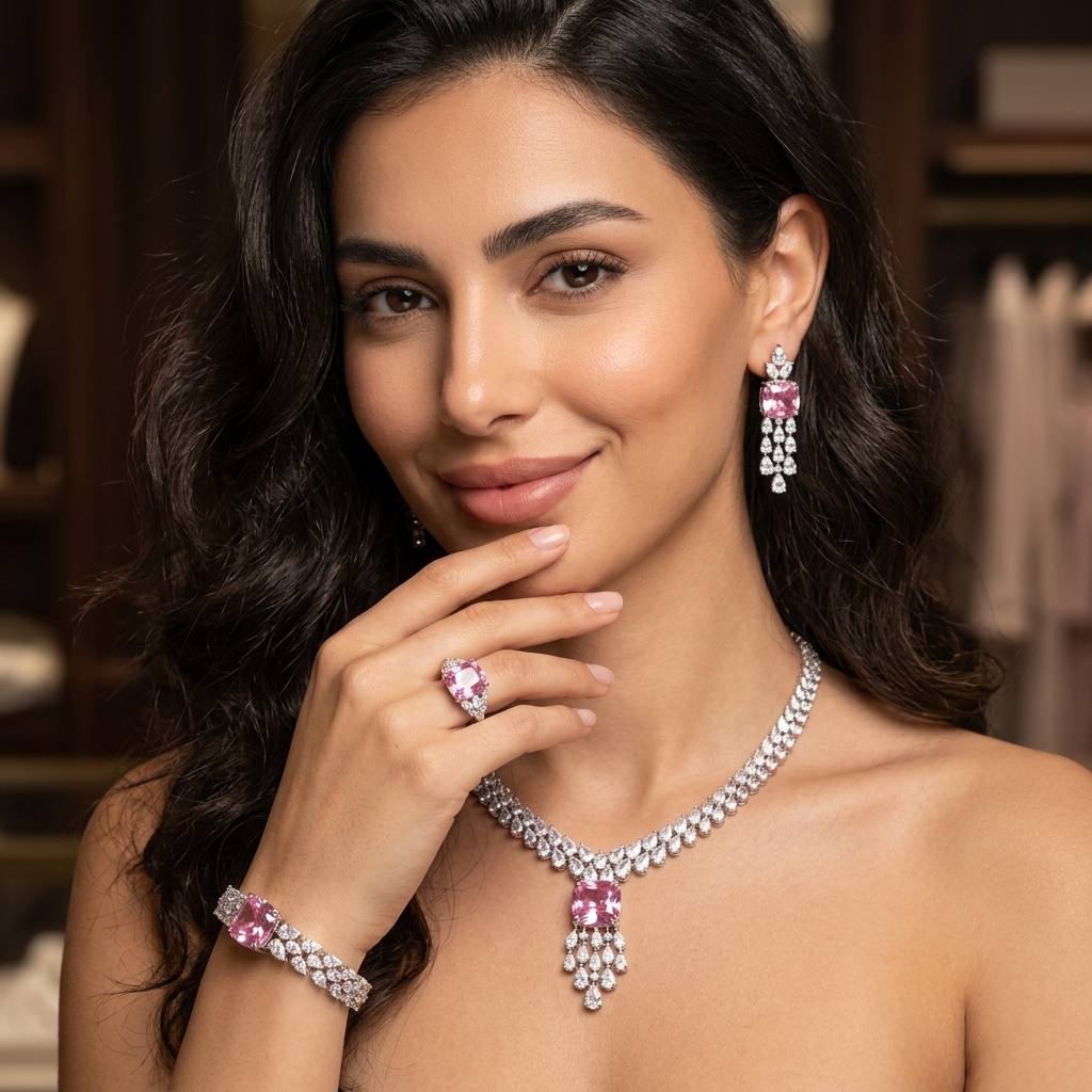 Omnia Nazaha Bridal Full Set in Rhodium Plated with High Quality White and Pink Zircon Stones