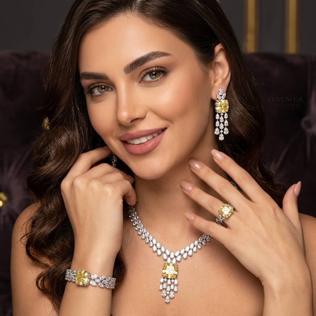 Omnia Nazaha Bridal Full Set in Rhodium Plated with High Quality White and Yellow Zircon Stones