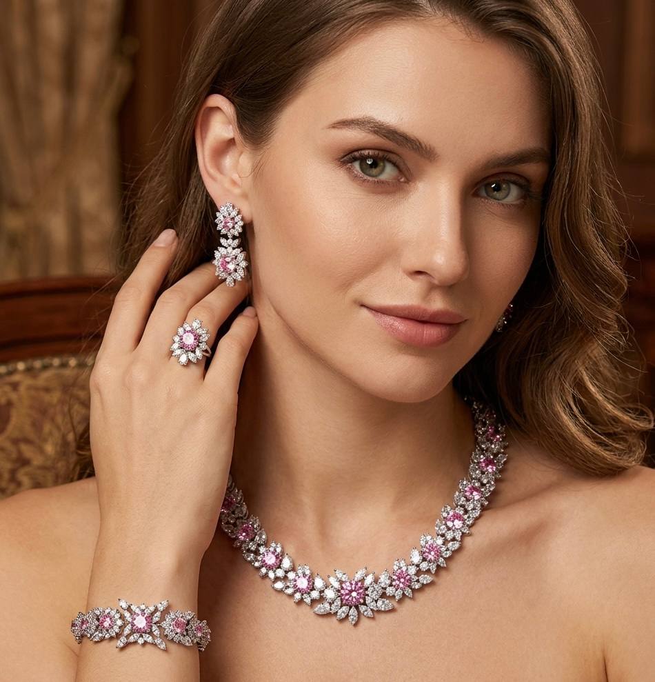 Omnia Nareen Pink Bridal Full Set in High Quality Zircon Stone Rhodium Plated